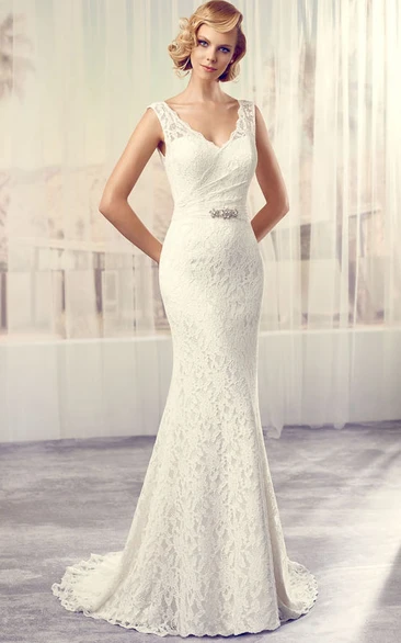 Floor-Length V-Neck Jeweled Lace Wedding Dress With Brush Train And V Back