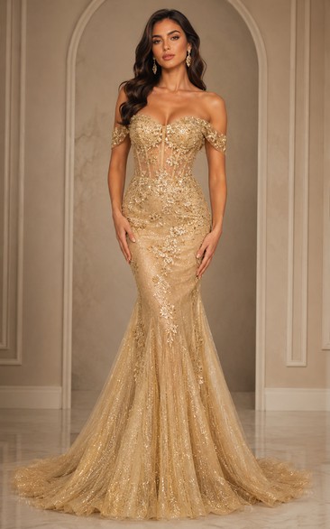Gold Off-the-Shoulder Floral Applique Mermaid Formal Gown