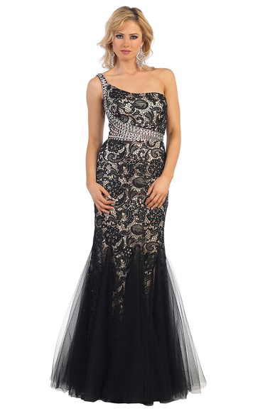 Mermaid Maxi One-Shoulder Sleeveless Tulle Dress With Lace And Beading