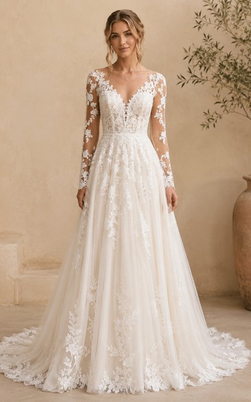 Boho A-Line Wedding Dress Long Sleeve V-Neck Tulle Lace Applique Floor Length Chapel Train Ivory