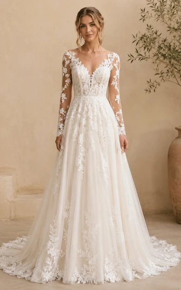 Boho A-Line Wedding Dress Long Sleeve V-Neck Tulle Lace Applique Floor Length Chapel Train Ivory