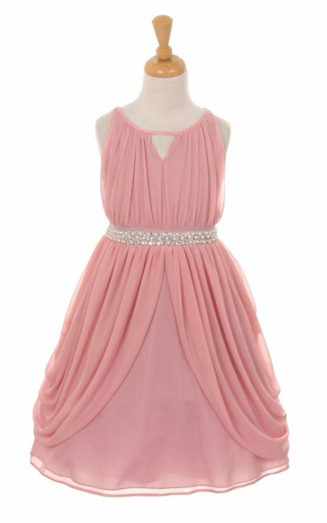 High Neck Tea-Length Pleated Tiered Chiffon Flower Girl Dress With Ribbon