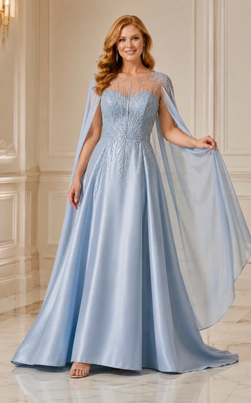 Steel Blue Cape Sleeve A-Line Formal Gown with Beaded Illusion Bodice