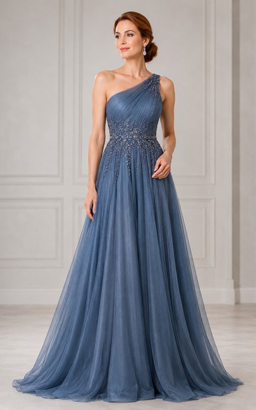 Robe de soirée asymétrique en tulle bleu ardoise, coupe trapèze, avec ceinture perlée