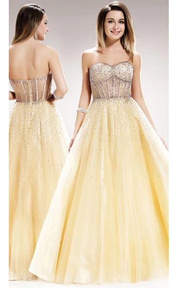 A-Line Long Sweetheart Sleeveless Satin Backless Dress With Beading