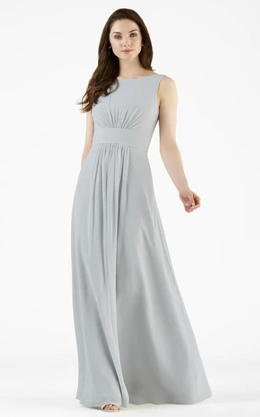 Sheath Maxi Sleeveless Bateau-Neck Chiffon Bridesmaid Dress