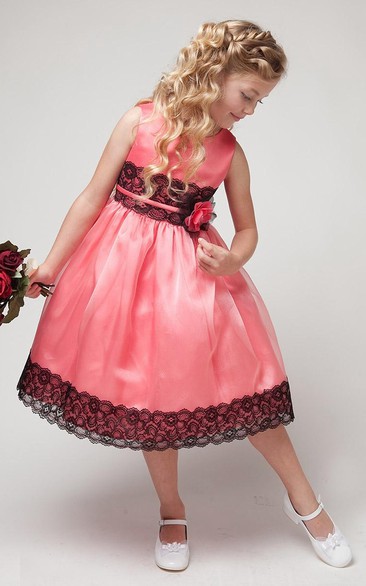 Tea-Length Appliqued Floral Lace&Satin Flower Girl Dress With Sash