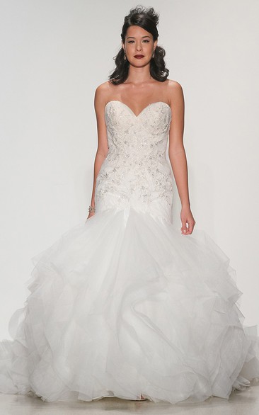 Trumpet Sweetheart Beaded Floor-Length Organza Wedding Dress With Ruffles And Deep-V Back