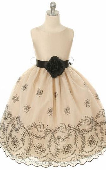 Embroideried Floral Beaded Organza Flower Girl Dress With Sash