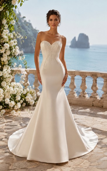 Strapless Satin Mermaid Wedding Dress with Sweetheart Neckline and Sweep Train