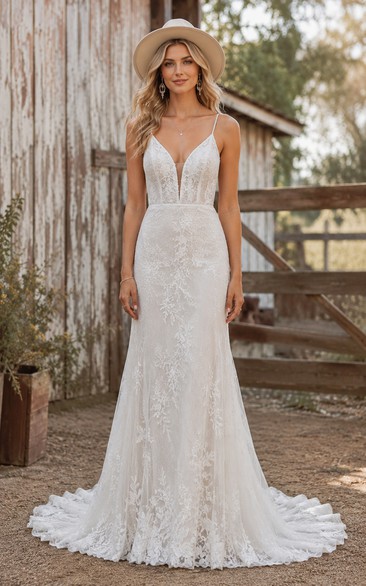 Spaghetti Strap Mermaid Lace Country Wedding Dress with Low Back and Train