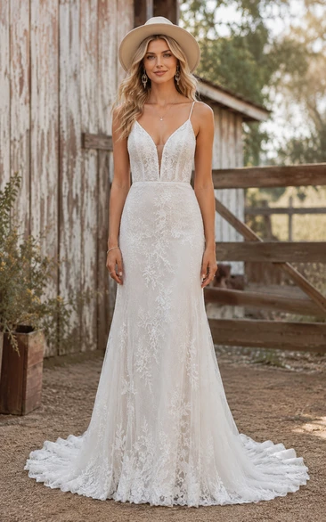Spaghetti Strap Mermaid Lace Country Wedding Dress with Low Back and Train
