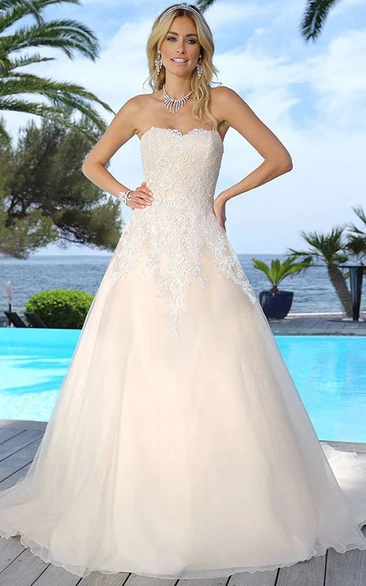 Long Strapless Sleeveless Appliqued Tulle Wedding Dress