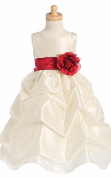Tea-Length Floral Floral Ruched Taffeta Flower Girl Dress With Sash