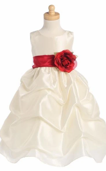 Tea-Length Floral Floral Ruched Taffeta Flower Girl Dress With Sash