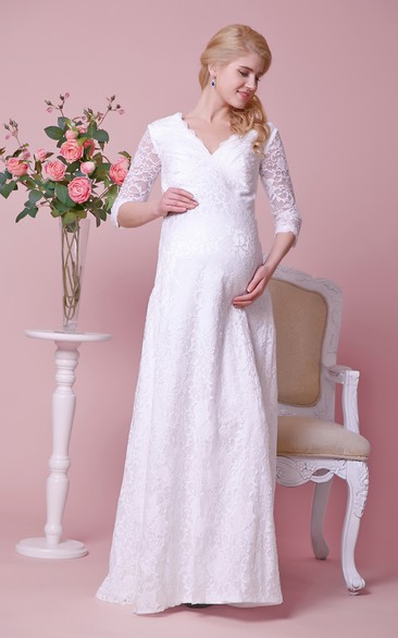Graceful V-neck 3-4 Sleeved Lace Dress