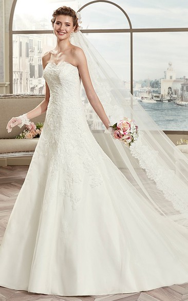 Strapless A-Line Lace Bridal Gown With Open Back And Brush Train