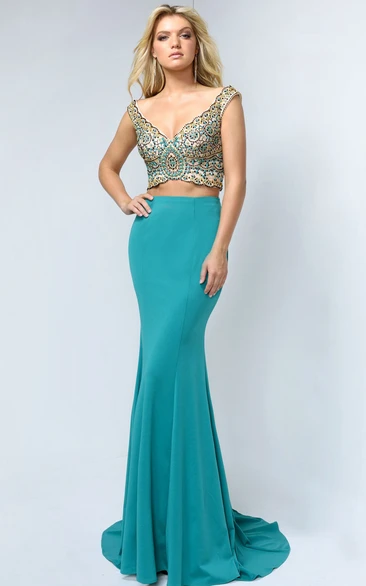 Sheath V-Neck Sleeveless Jersey Low-V Back Dress With Beading