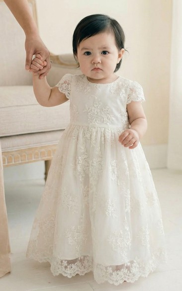 Christening White Lace Baby Flower Girl Dress Short Sleeve Embroidered Tulle Gown
