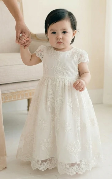 Christening White Lace Baby Flower Girl Dress Short Sleeve Embroidered Tulle Gown