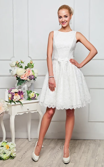 A-line Knee-length High Neck Sleeveless Lace Zipper Dress