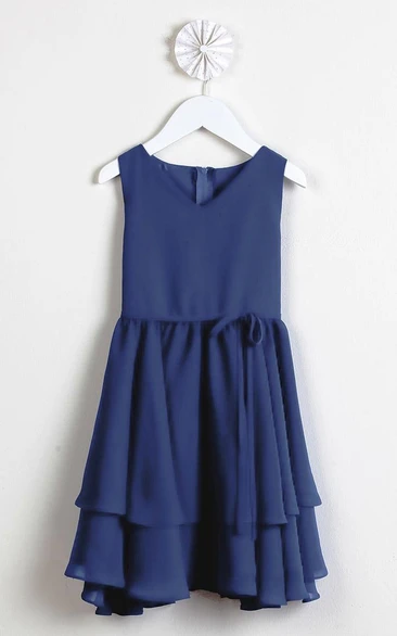 Straps Pleated Tiered Chiffon Flower Girl Dress With Sash