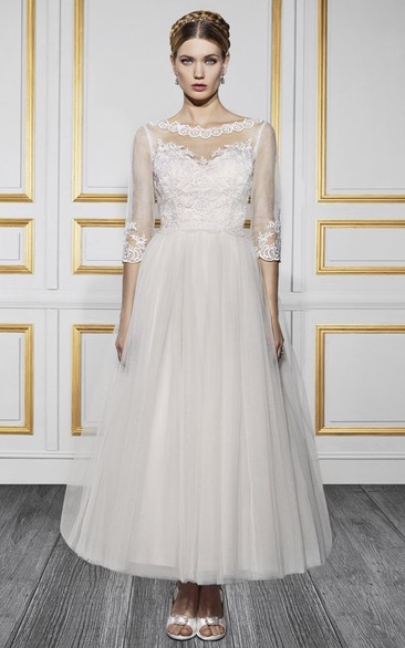 Ankle-Length Bateau Neck 3-4 Sleeve Appliqued Tulle Wedding Dress