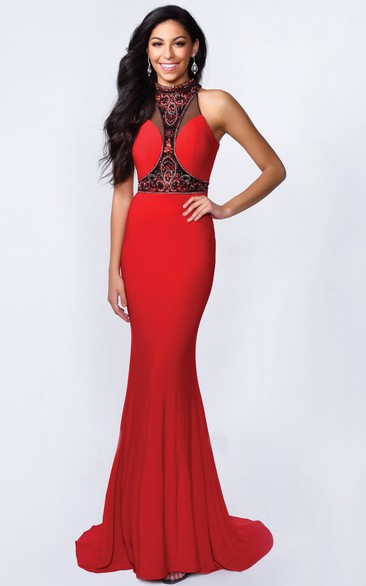 Sheath High Neck Sleeveless Jersey Illusion Dress With Beading And Pleats