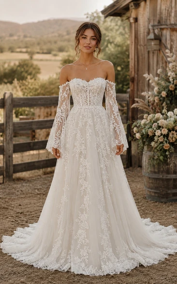 Western Vintage Country A-Line Wedding Dress Off Shoulder Sweetheart Tulle Lace Applique Floor Length Chapel Train Ivory