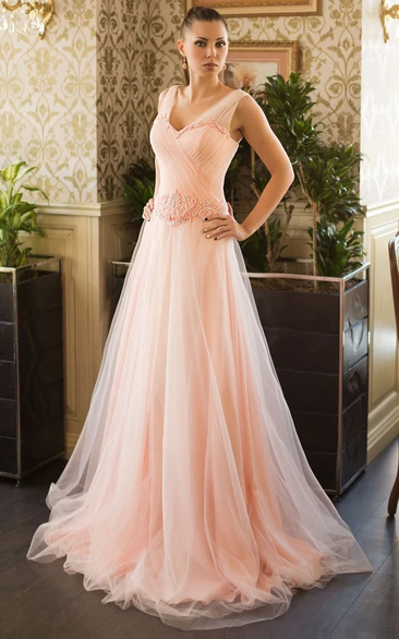 A-Line Sweep V-Neck Sleeveless Tulle Beading Pleats Lace-Up Dress