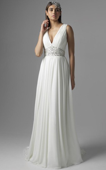 Maxi V-Neck Pleated Chiffon Wedding Dress With Sweep Train And V Back