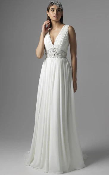 Maxi V-Neck Pleated Chiffon Wedding Dress With Sweep Train And V Back
