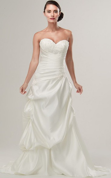 A-Line Beaded Sweetheart Satin Wedding Dress With Pick Up