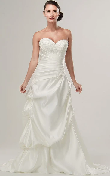 A-Line Beaded Sweetheart Satin Wedding Dress With Pick Up