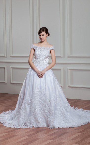 Off-The-Shoulder Appliqued A-Line Gown With Pleats