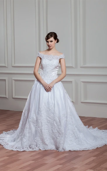 Off-The-Shoulder Appliqued A-Line Gown With Pleats