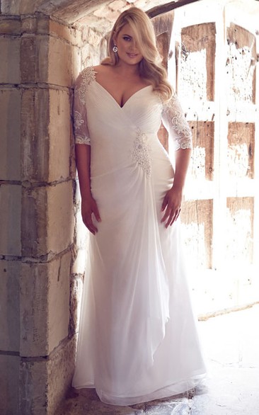 Sheath Draped V-Neck Half-Sleeve Chiffon Plus Size Modest Wedding Dress With Broach