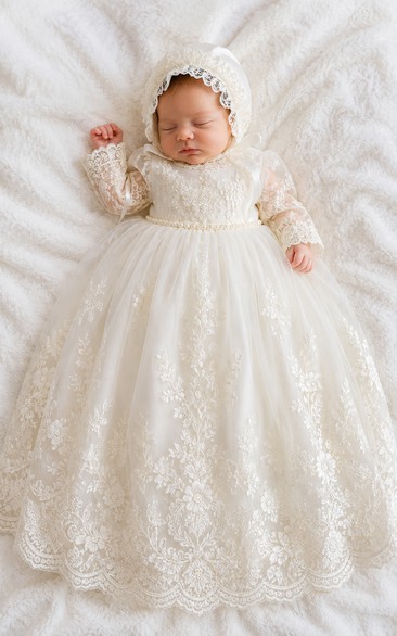Baby Christening Gown Modest Princess Ball Gown Long Sleeve Illusion Tulle Lace Floor-Length with Bonnet in Ivory