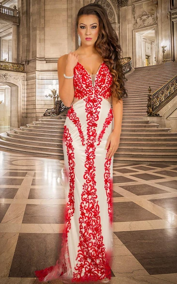 Floor-Length V-Neck Beaded Tulle&Satin Prom Dress With V Back