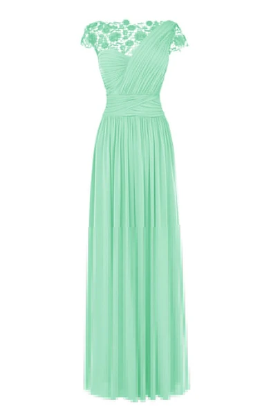 Lace Cap-sleeve One-shoulder Pleated Chiffon A-line Dress