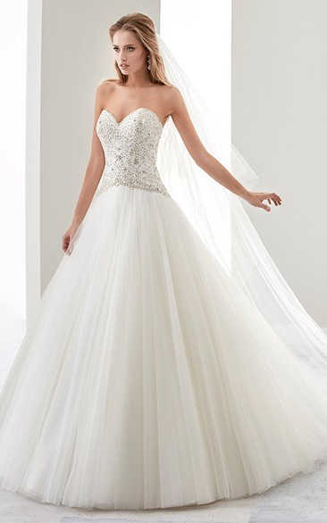 Sweetheart A-line Wedding Dress with Beaded Bodice and Brush Train