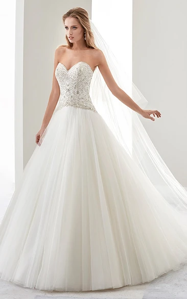 Sweetheart A-line Wedding Dress with Beaded Bodice and Brush Train