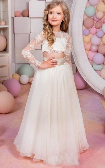 Flower Girl Two Piece Tulle Long Dress With Illusion Top