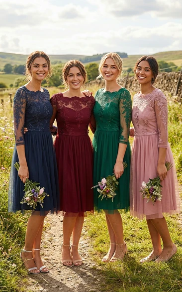 3/4 Sleeve Bateau Neck Tulle Bridesmaid Dress