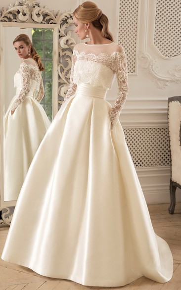 Elegant Satin A Line Floor-length Long Sleeve Wedding Dress with Ruching