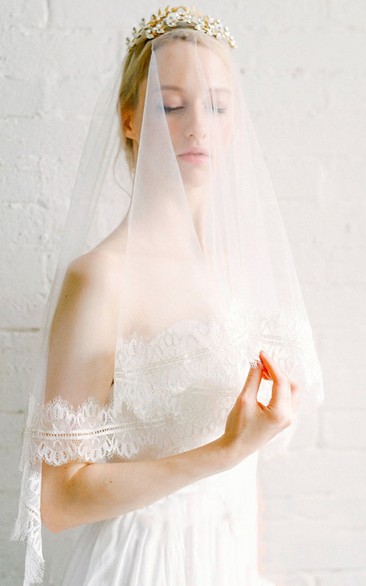 Fingertip Tulle Wedding Veil with Lace Trim