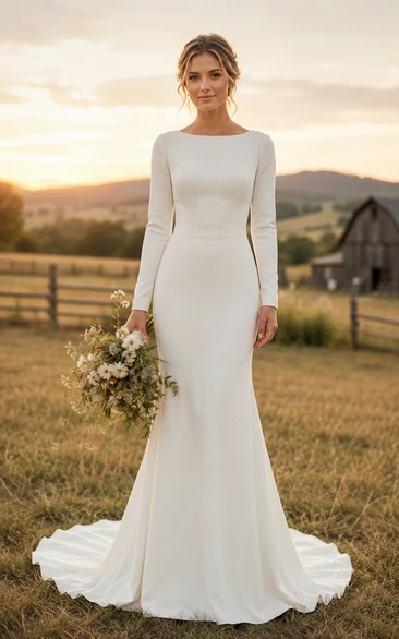 Country Bateau Satin Mermaid/Trumpet Wedding Dress with Buttons