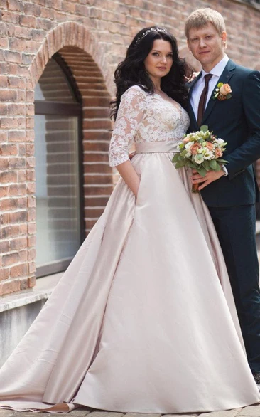 V-Neck Illusion Long Sleeve A-Line Satin Appliqued Plus Size Modest Wedding Dress