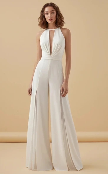 Deep V High Neck Pleated Wide Leg Wedding Jumpsuit