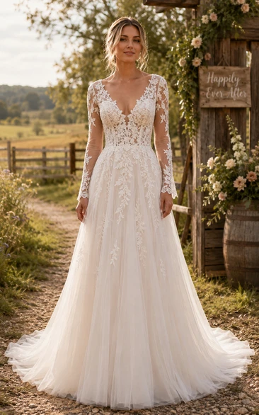 Long Sleeve V-Neck A-Line Country Wedding Dress with Lace Applique Train
